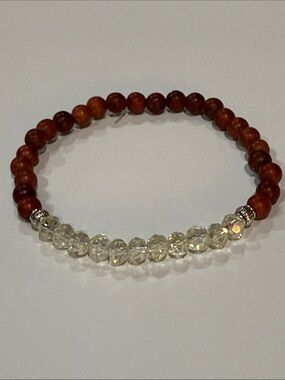 Wood Beaded Stretch Bracelet with Faceted Pale Yellow Crystal Accents Size 8